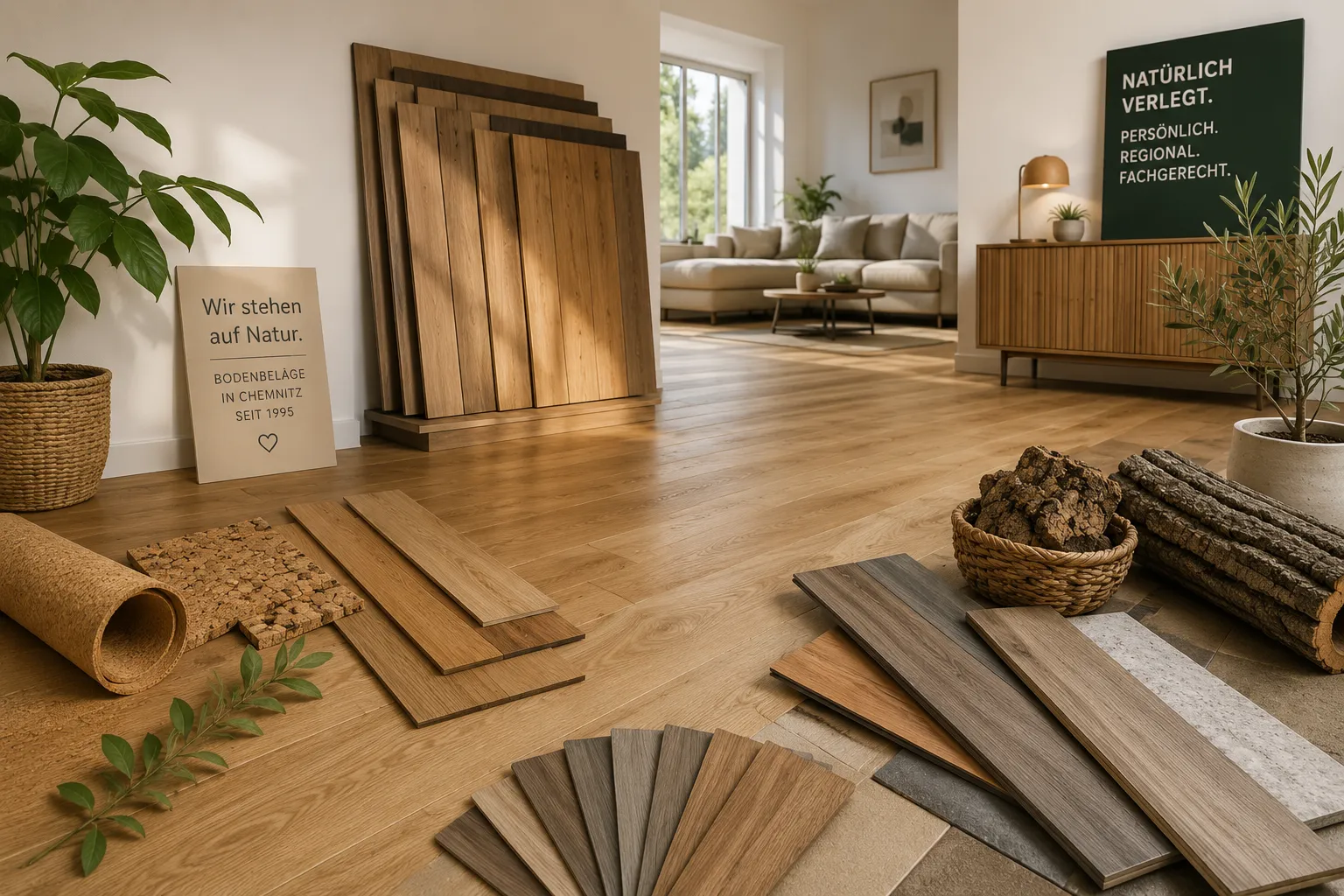Natur-Point Chemnitz – Boden-Muster aus Kork, Parkett, Laminat und Vinyl in einem natürlich eingerichteten Wohnraum