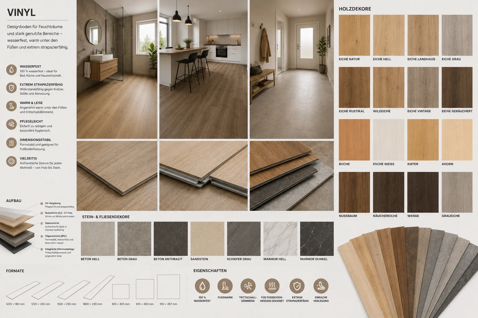 Vinyl-Designboden-Übersicht von Natur-Point Chemnitz – Holz- und Steindekore, Formate und Eigenschaften wie wasserfest und fußwarm